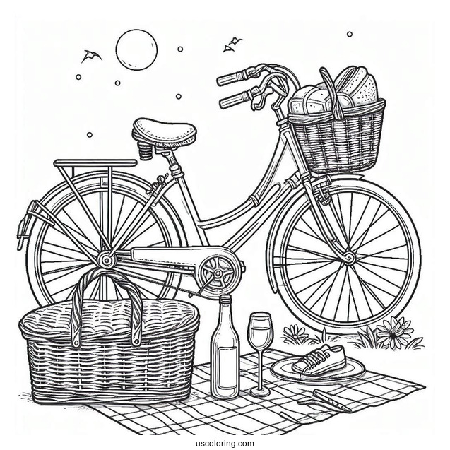 Adult Bicycle Coloring Page Parked Beside Picnic Mat