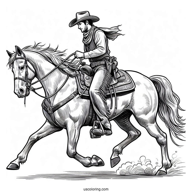 Realistic Cowboy Coloring Page On A Horse