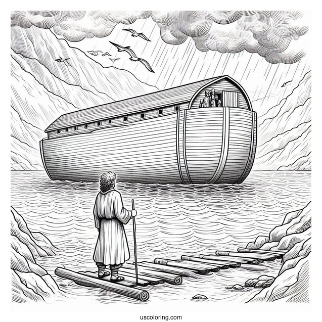 Noah's Ark Coloring Page Of Standing On Top Of Ark After The Flood