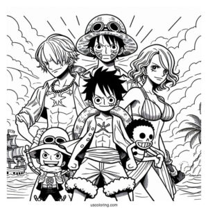 One Piece Coloring Page Of Luffy, Zoro, Sanji, Usopp, And Nami For Kids