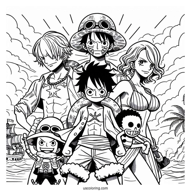 One Piece Coloring Page Of Luffy, Zoro, Sanji, Usopp, And Nami For Kids