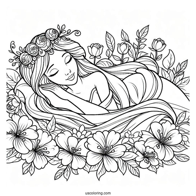 Sleeping Beauty Coloring Page Surrounded By Flowers