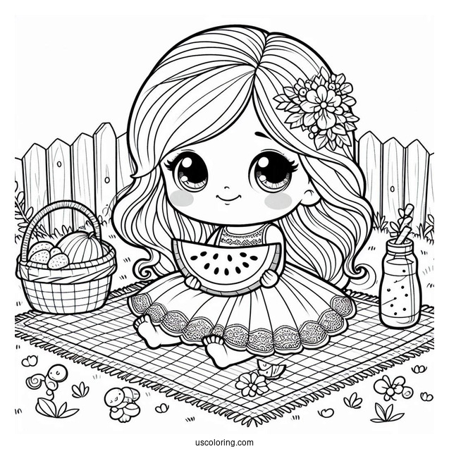 Pretty Baby Coloring Page Sitting On A Picnic Mat With A Watermelon For Kids
