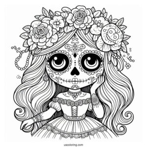 Girl In Sugar Skull Coloring Page Costume For Kids