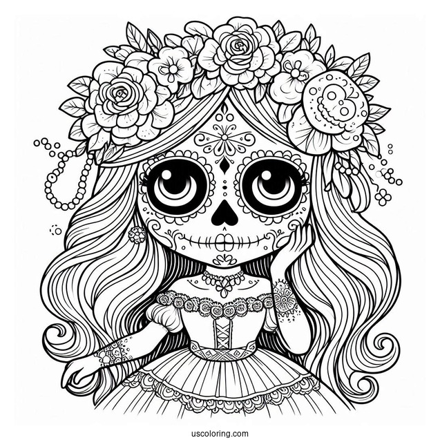 Girl In Sugar Skull Coloring Page Costume For Kids