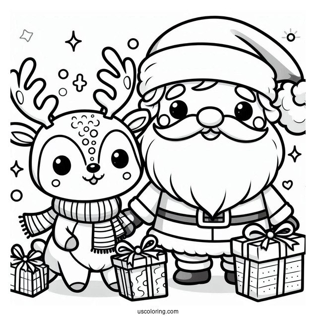 Cute Santa And Rudolph With Presents Coloring Page