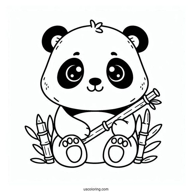 Cute Outline Of Panda With Bamboo