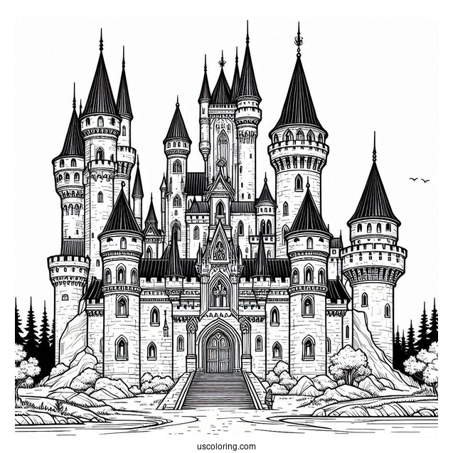 Massive Castle Coloring Page With Towers In The Corner