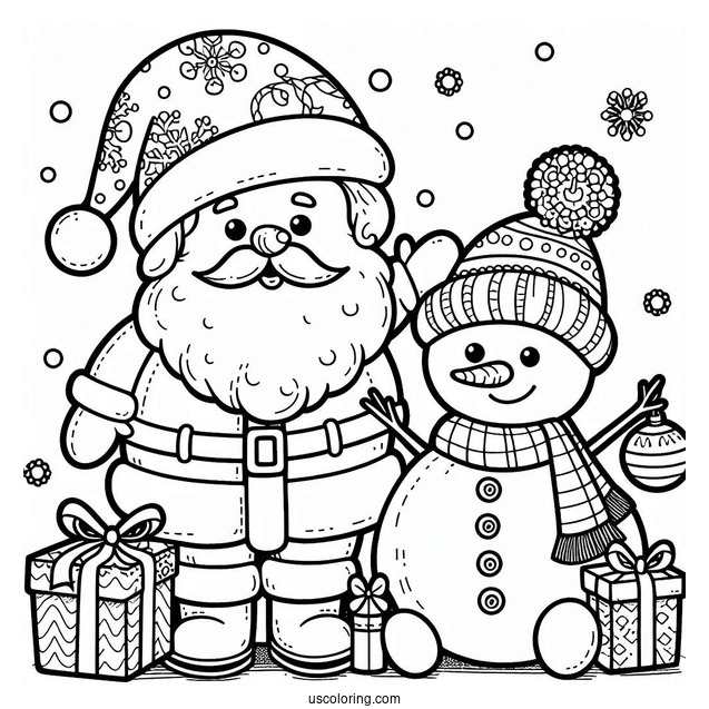 Santa And Snowman To Color With Ornaments And Presents