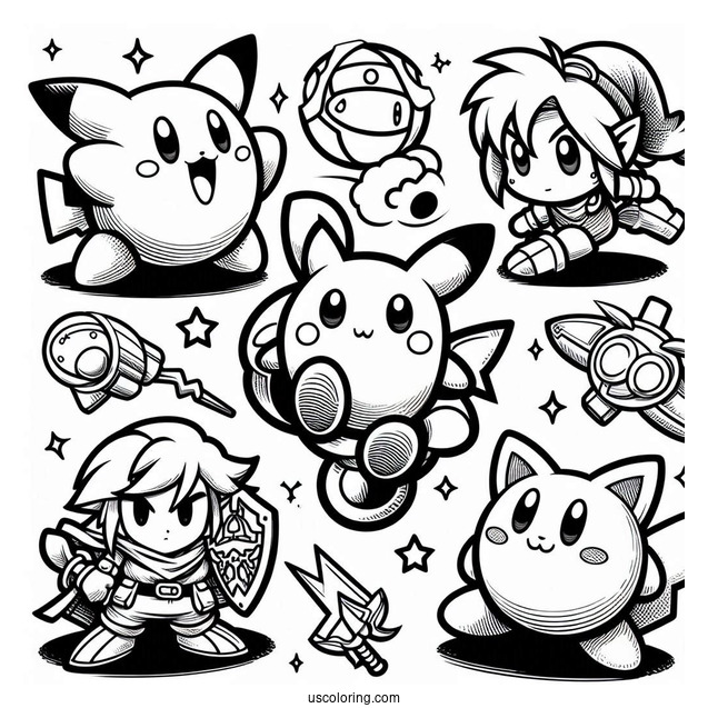 Kirby, Pikachu, Zelda, Sonic, And Little Mac Super Smash Bros Coloring Page