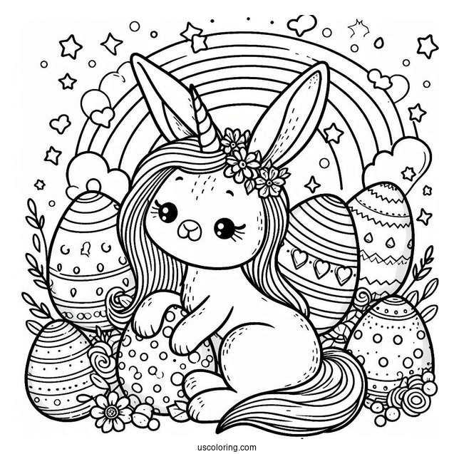 Easter Coloring Page Of Bunny With A Unicorn Surrounded By Easter Eggs