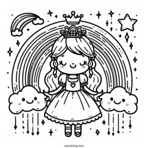 Happy Cloud Princess With Crown Coloring Page Under Rainbow and Stars