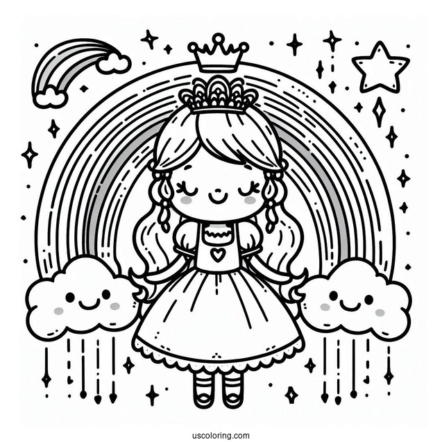 Happy Cloud Princess With Crown Coloring Page Under Rainbow and Stars