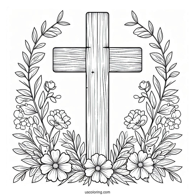 Simple Wooden Cross Coloring Page With Flowers And Leaves Outdoors For Kids