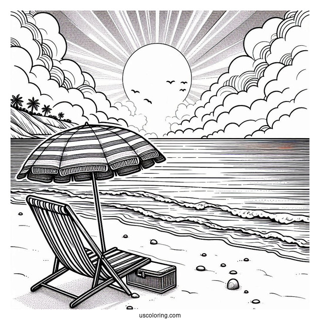 Beach Coloring Page Chair And Umbrella Facing The Sea