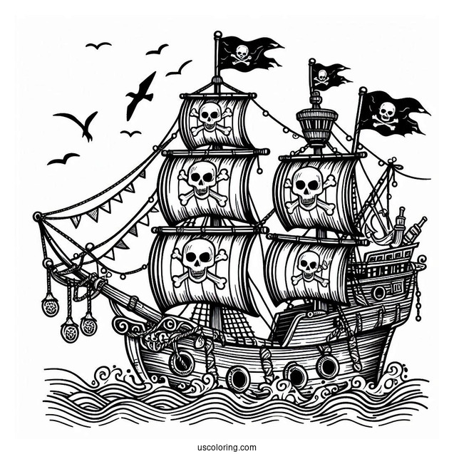 Pirate Ship With Skull And Bones Coloring Page