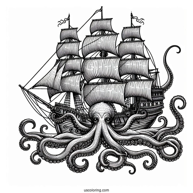 Giant Kraken Octopus Coloring Page Capturing Ship
