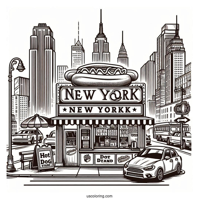 New York Coloring Page Of Hot Dog Stand Outline