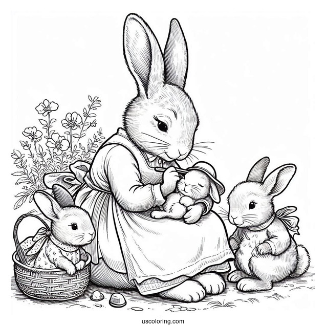 Josephine Rabbit Caring For Flopsy, Mopsy, Cotton Tail, And Peter Rabbit Coloring Page