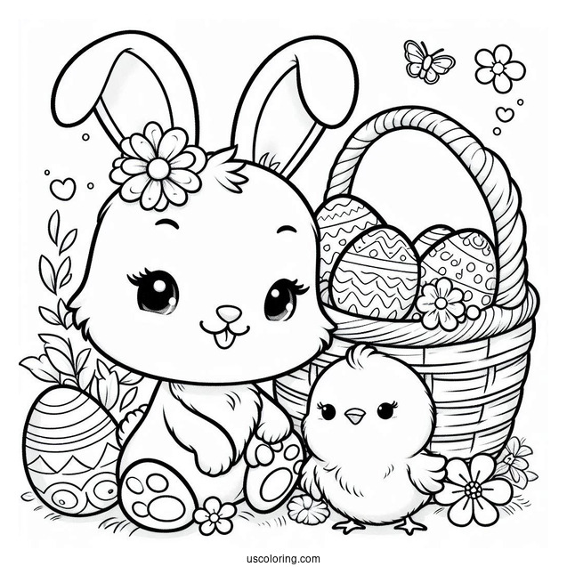 Cartoon Easter Bunny Coloring Page And Chick With Easter Eggs In Basket