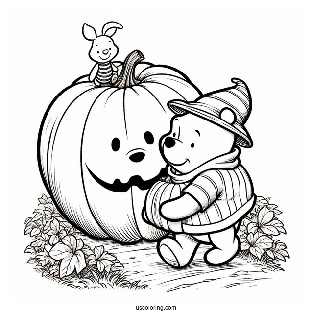 Winnie The Pooh And Piglet Carrying A Giant Pumpkin Coloring Page