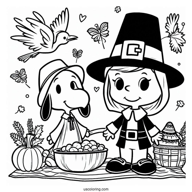 Pilgrim Coloring Page Snoopy And Woodpecker Celebrating Thanksgiving
