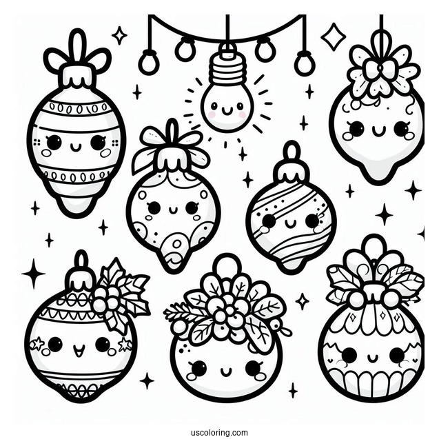 Kawaii Bulbs Christmas Ornaments Coloring Page For Preschoolers