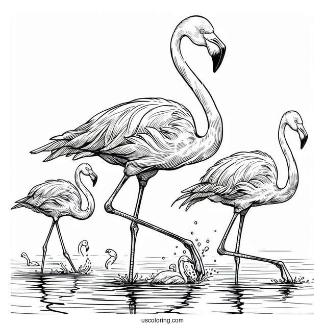 Flock Of Flamingos Walking In Water