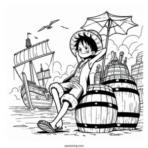 Luffy Coloring Page Leaning On Barrels On Port