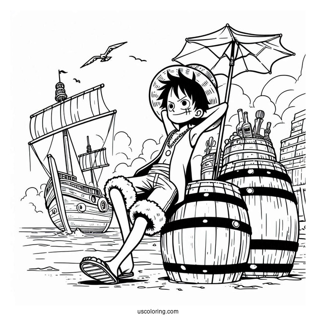 Luffy Coloring Page Leaning On Barrels On Port