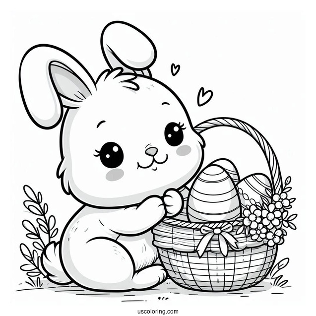 Cartoon Rabbit Coloring Page Hugging A Basket Of Easter Eggs
