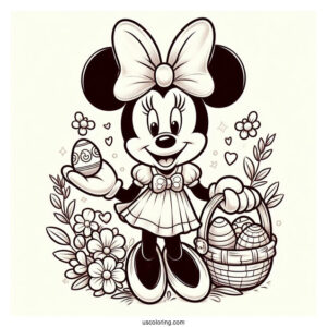 Minnie Mouse In Easter Bunny Coloring Page Costume Holding Basket With Eggs