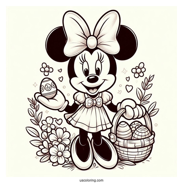 Minnie Mouse In Easter Bunny Coloring Page Costume Holding Basket With Eggs