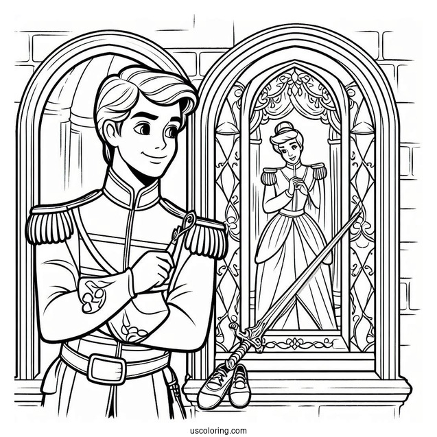 Prince Charming Holding A Sword Inside The Castle Coloring Sheet