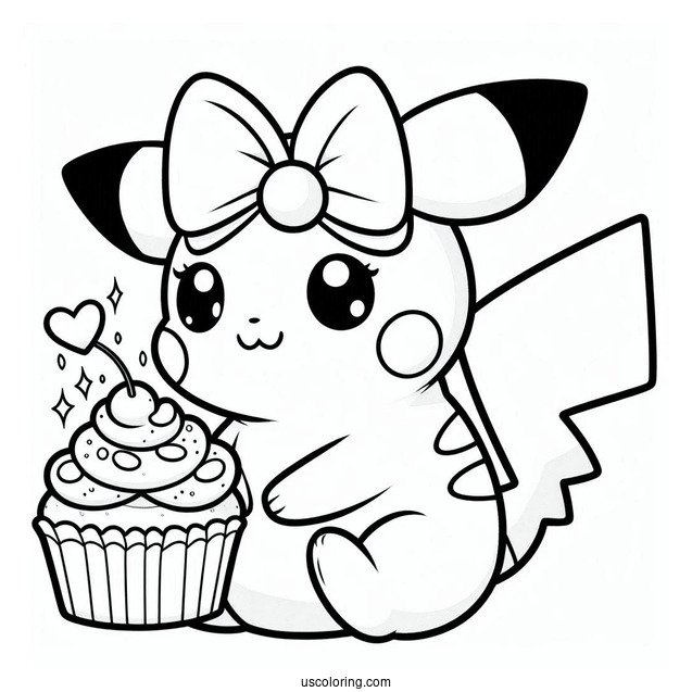 Raichu Coloring Page With Bow And Cupcake For Preschoolers