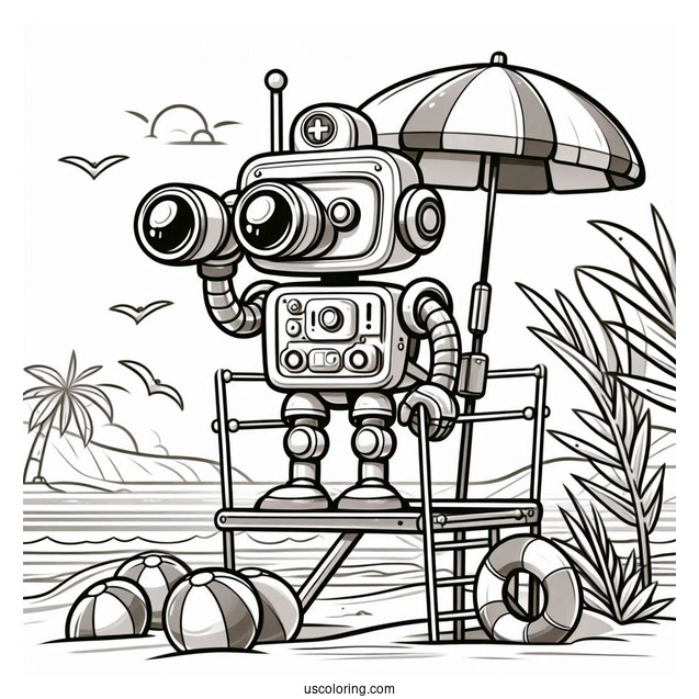 Robot Lifeguard With Binoculars At The Beach