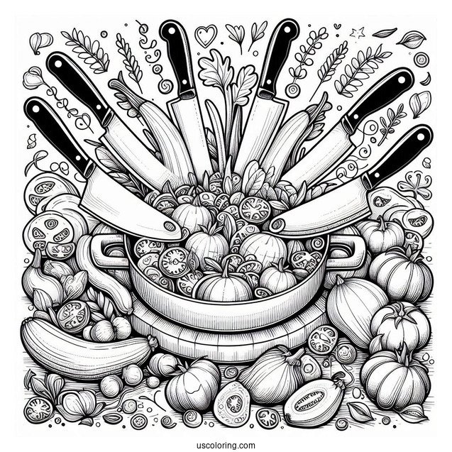 Ratatouille Coloring Page Surrounded By Kitchen Knives