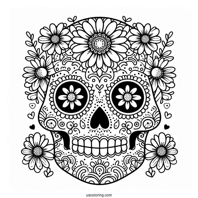 Daisy Patterned Sugar Skull Coloring Page