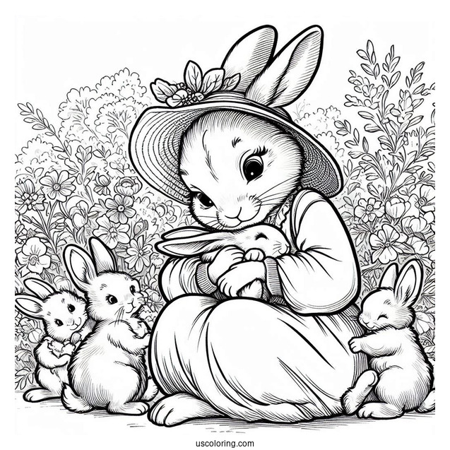 Josephine Rabbit Caring For Flopsy, Mopsy, Cotton Tail, And Peter Rabbit Coloring Page