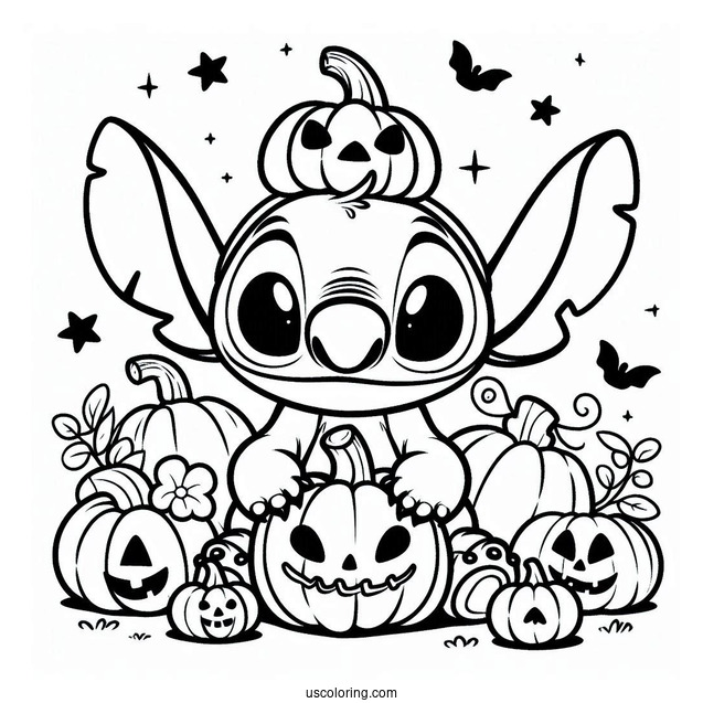 Kawaii Halloween Themed Stitch With Pumpkin To Color