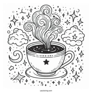 Magical Coffee Coloring Pages Of Cup With Clouds And Stars
