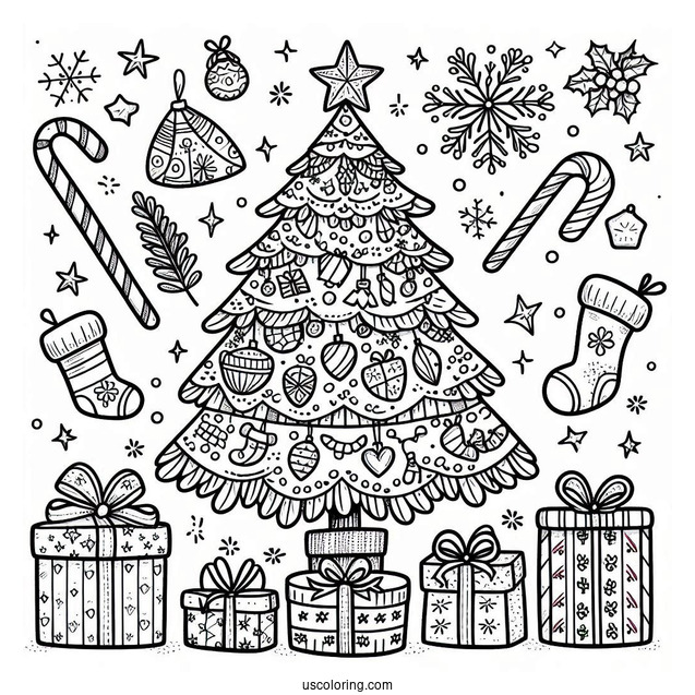 Simple Christmas Tree With Presents Coloring Sheet