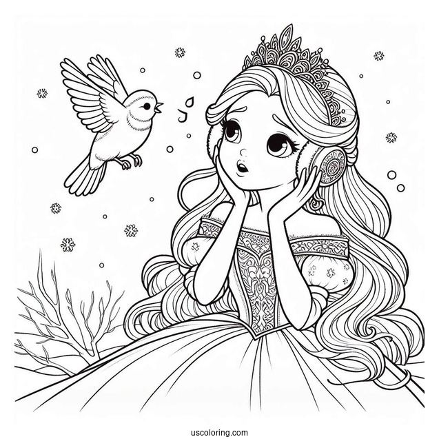 Princess Coloring Page Of Listening To A Bird In Winter