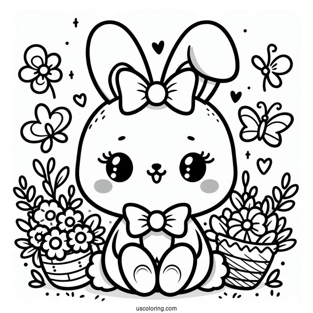 Easter Coloring Page Of Easy Kawaii Easter Bunny With Bow For Preschoolers