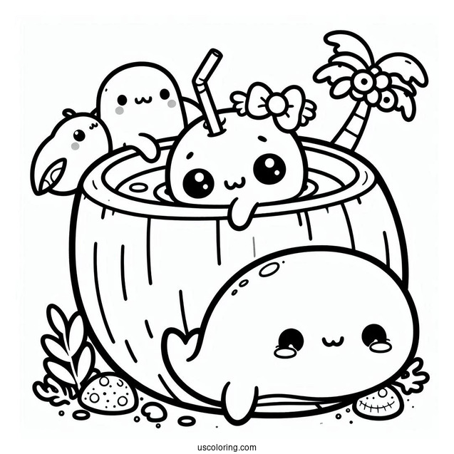 Kawaii Animals Swimming In A Coconut Coloring Page Drink