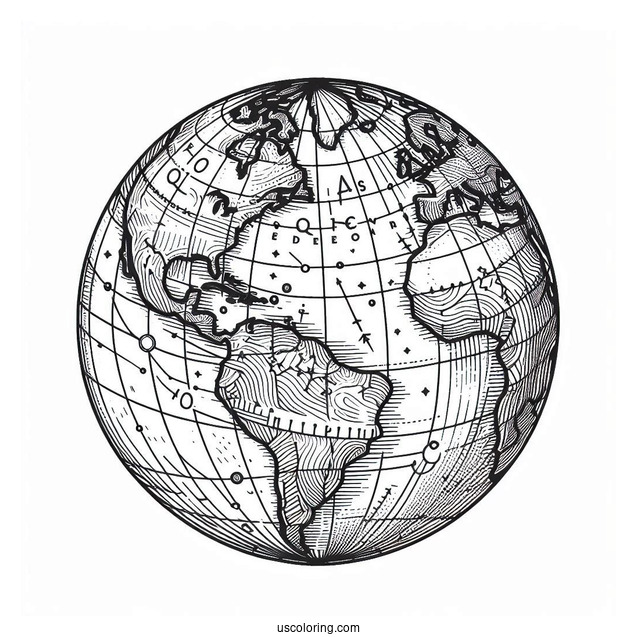 The Earth With Longitude And Latitude Lines Coloring Page