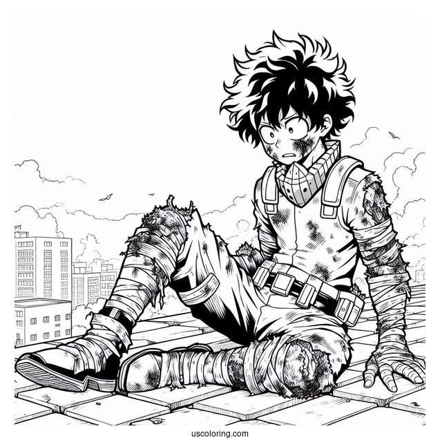 Deku Coloring Page Of Injured In Battle On Rooftop