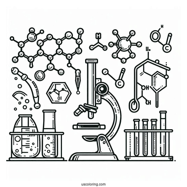 Science Coloring Page Of Laboratory Tools And Molecules For Kids