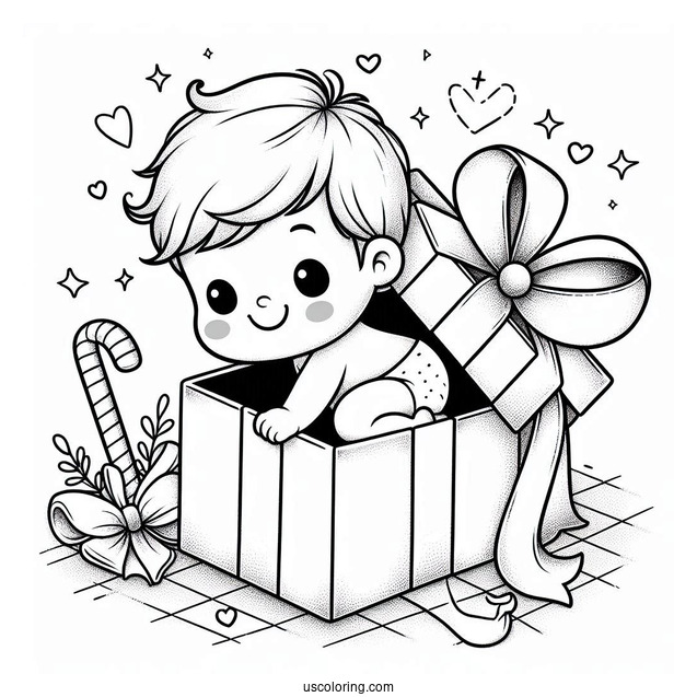 Baby Coloring Page Of Boy Coming Out Of Gift Box