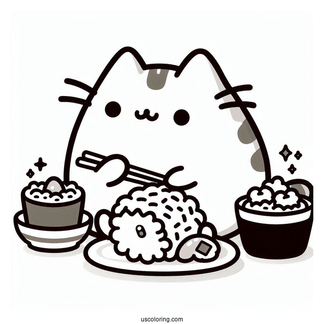 Pusheen Eating Rice And Sushi Coloring Page
